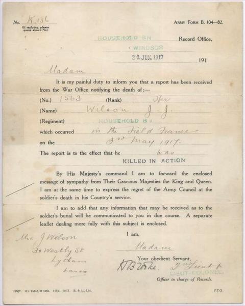 The next-of-kin of a soldier was usually informed of his death by a letter, Army form B104-82.